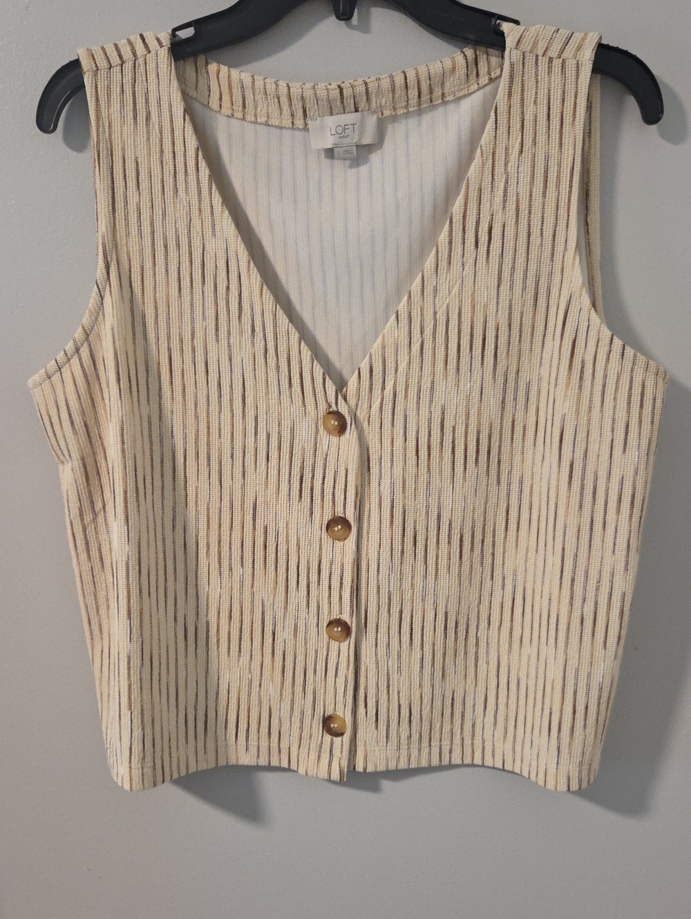 LOFT Cream and Brown Striped Button-Front Sleeveless Top